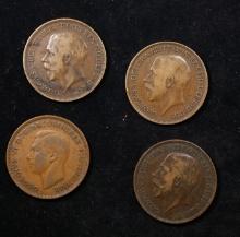 Group of 4 Coins, Great Britain Pennies, 1913, 1917, 1919, 1945 .