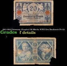 1915-1919 Germany (Empire) 20 Marks WWI Era Banknote P# 63 Grades f details