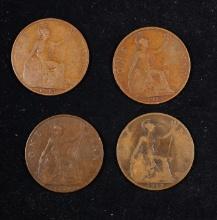 Group of 4 Coins, Great Britain Pennies, 1913, 1915, 1917, 1919 .