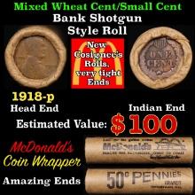 Mixed Small Cents 1c Orig shotgun Roll, 1918-p Lincoln Cent, Indian Cent Other End, McDonalds Brandt