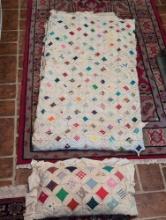 (BR2) VINTAGE HANDMADE CATHEDRAL QUILT WITH MATCHING PILLOW.