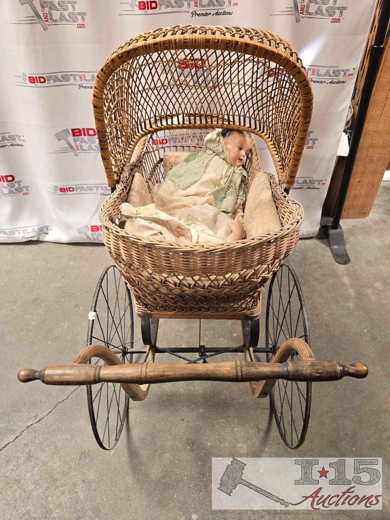 Vintage Baby Carriage with (2) Porcelain Dolls