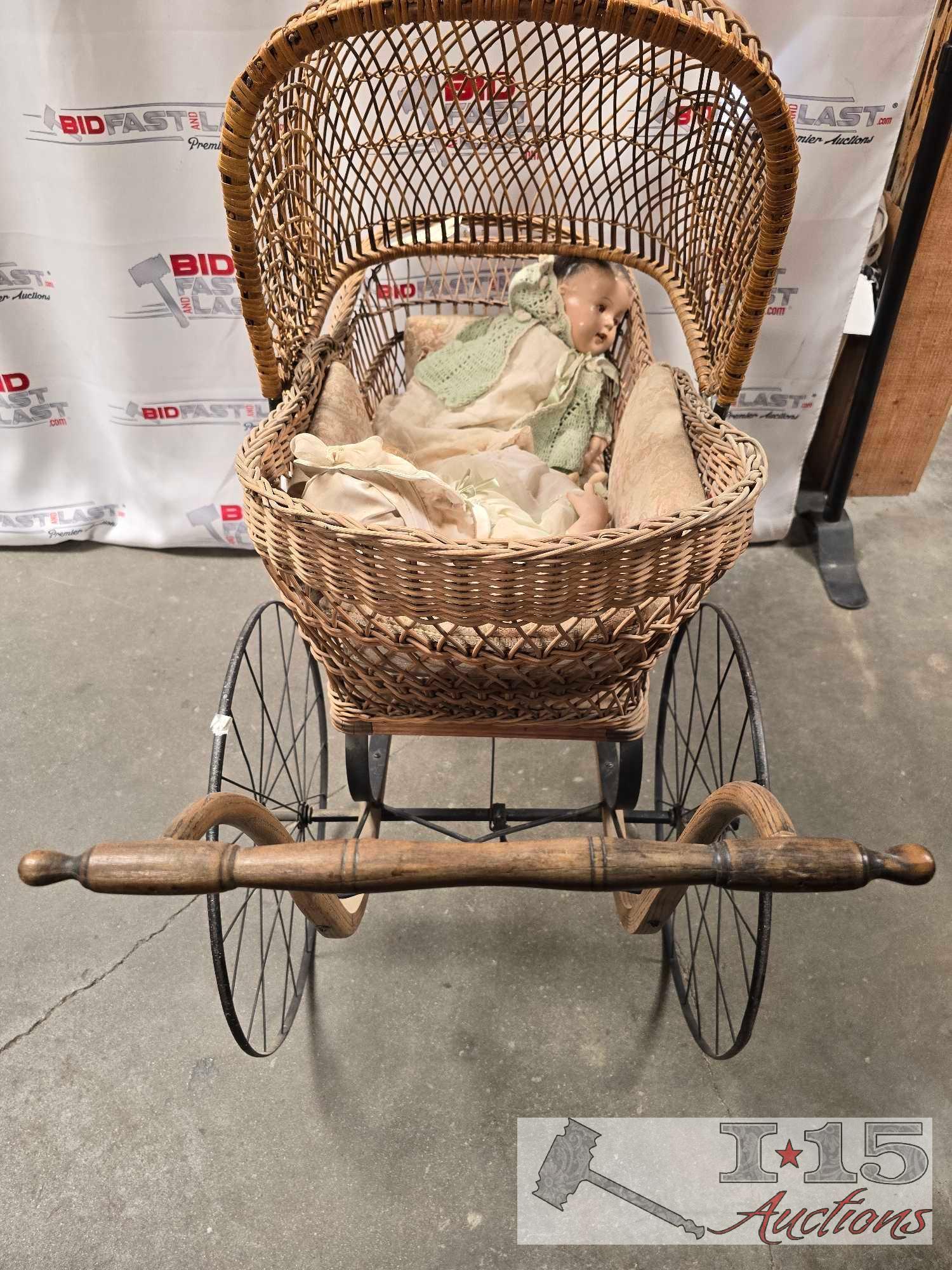 Vintage Baby Carriage with (2) Porcelain Dolls