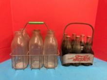 Vintage milk bottles in carrier and vintage Pepsi carrier with Coke bottles