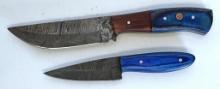 2 Damascus Steel Fixed Blade Knives with Leather Sheaths, 1 8 1/4" Overall, 1 6" Overall - Hand made