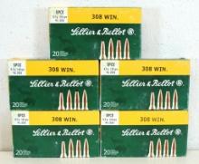 5 Full Boxes Sellier & Bellot .308 Win. 150 gr. Cartridges Ammunition...
