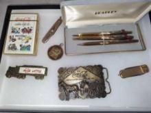 Coca Cola Items Bradley Pen& Pencil Set, Knives, Belt Buckle, Cards