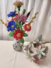 Vintage glass beaded flowers, vase