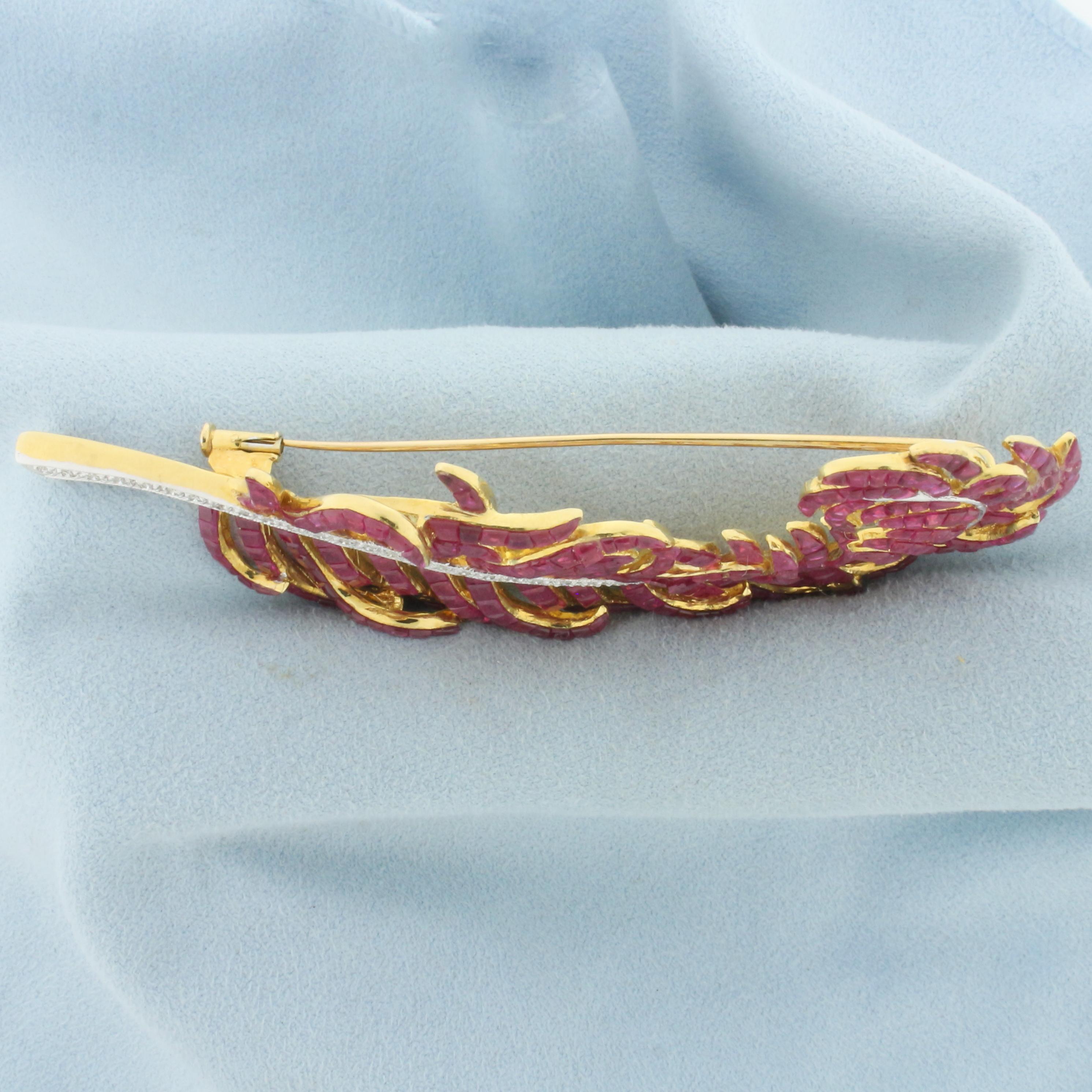 Ruby And Diamond Feather Brooch In 18k Yellow Gold