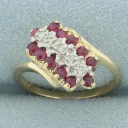 Diamond And Ruby Diagonal Waterfall Design Ring In 10k Yellow Gold