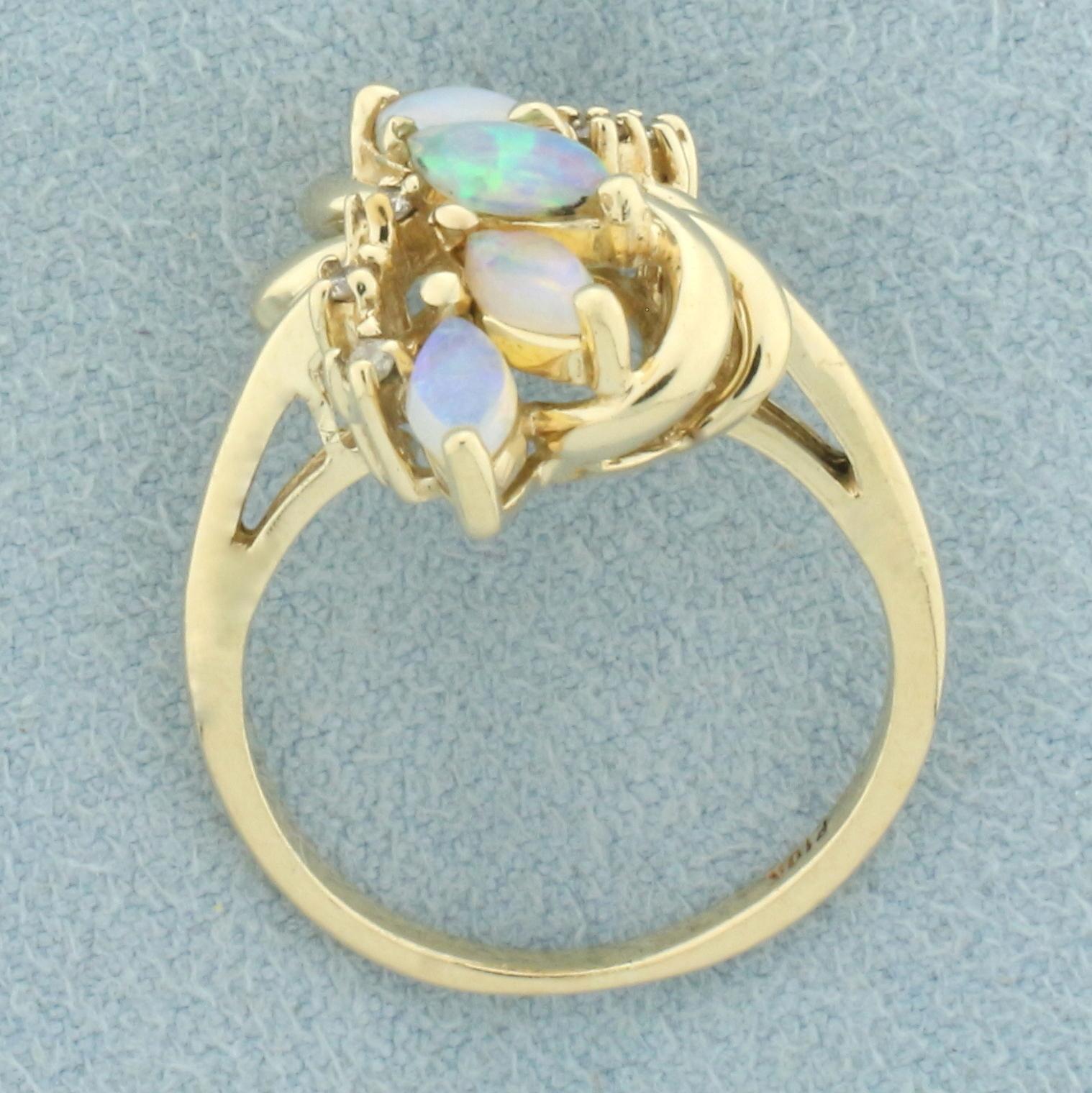 Opal And Diamond Vertical Spray Design Ring In 10k Yellow Gold