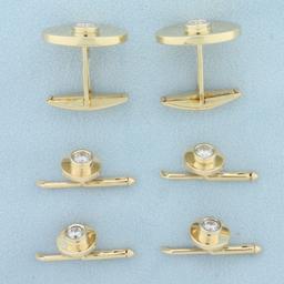 Diamond Cufflinks And Stud Set In 14k Yellow Gold