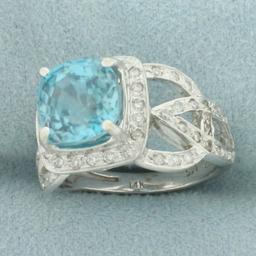 Swiss Blue Topaz And Diamond Halo Ring In 14k White Gold