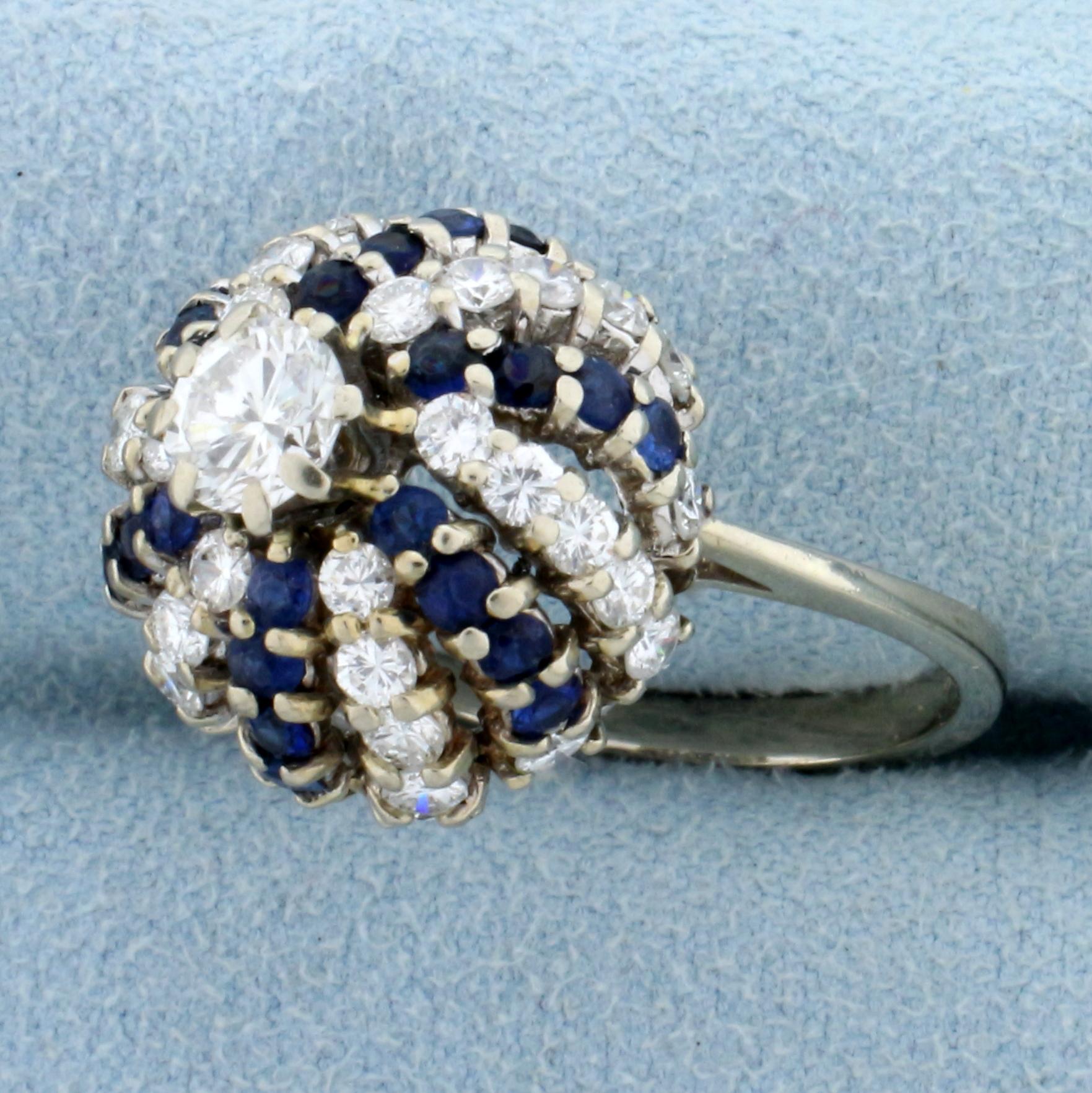 Vintage Cactus Design 2 1/2ct Tw Diamond And Sapphire Ring In 14k White Gold