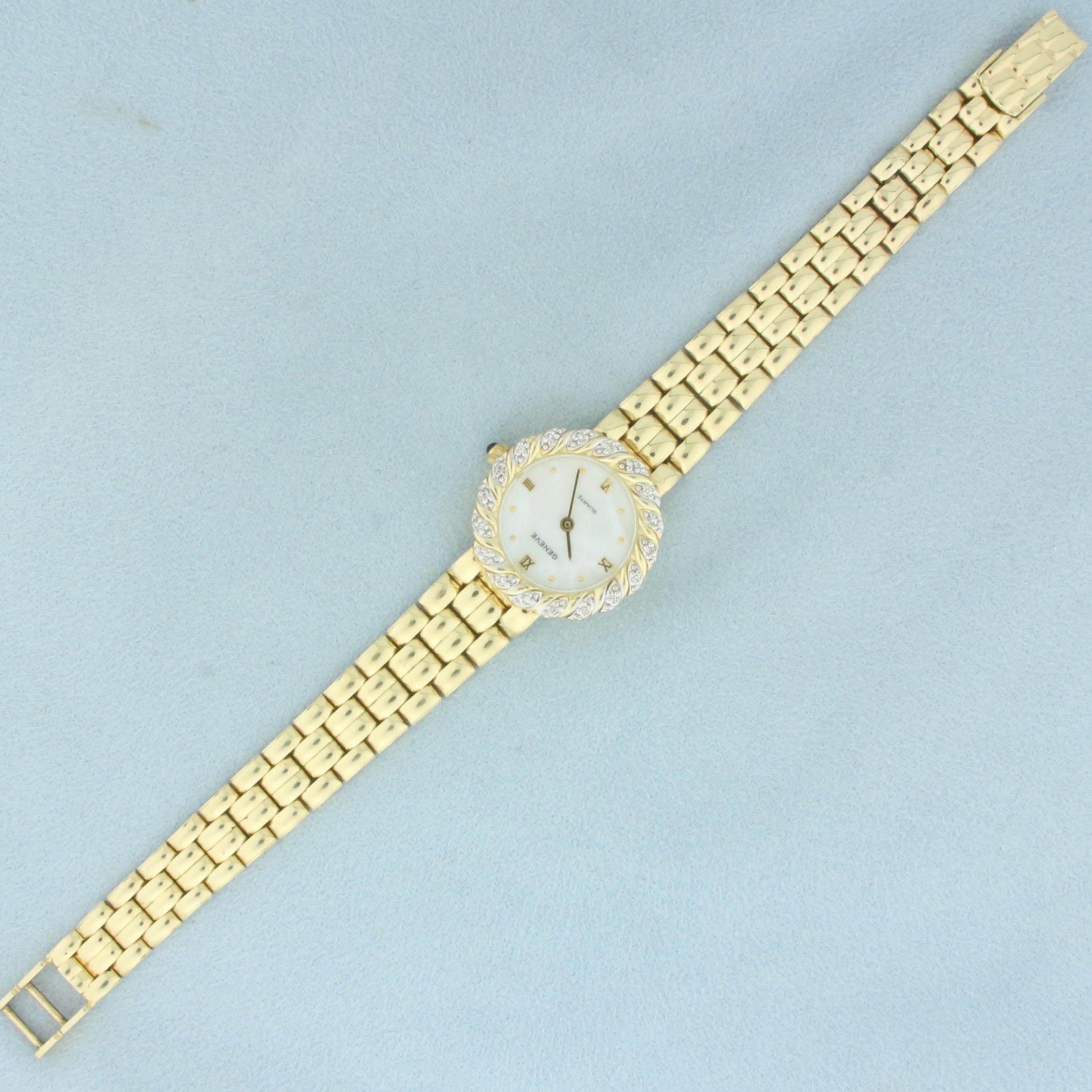 Ladies Geneve Diamond Watch In Solid 14k Yellow Gold