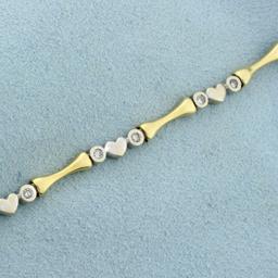 Diamond Heart And Bar Link Bracelet In 14k Yellow And White Gold