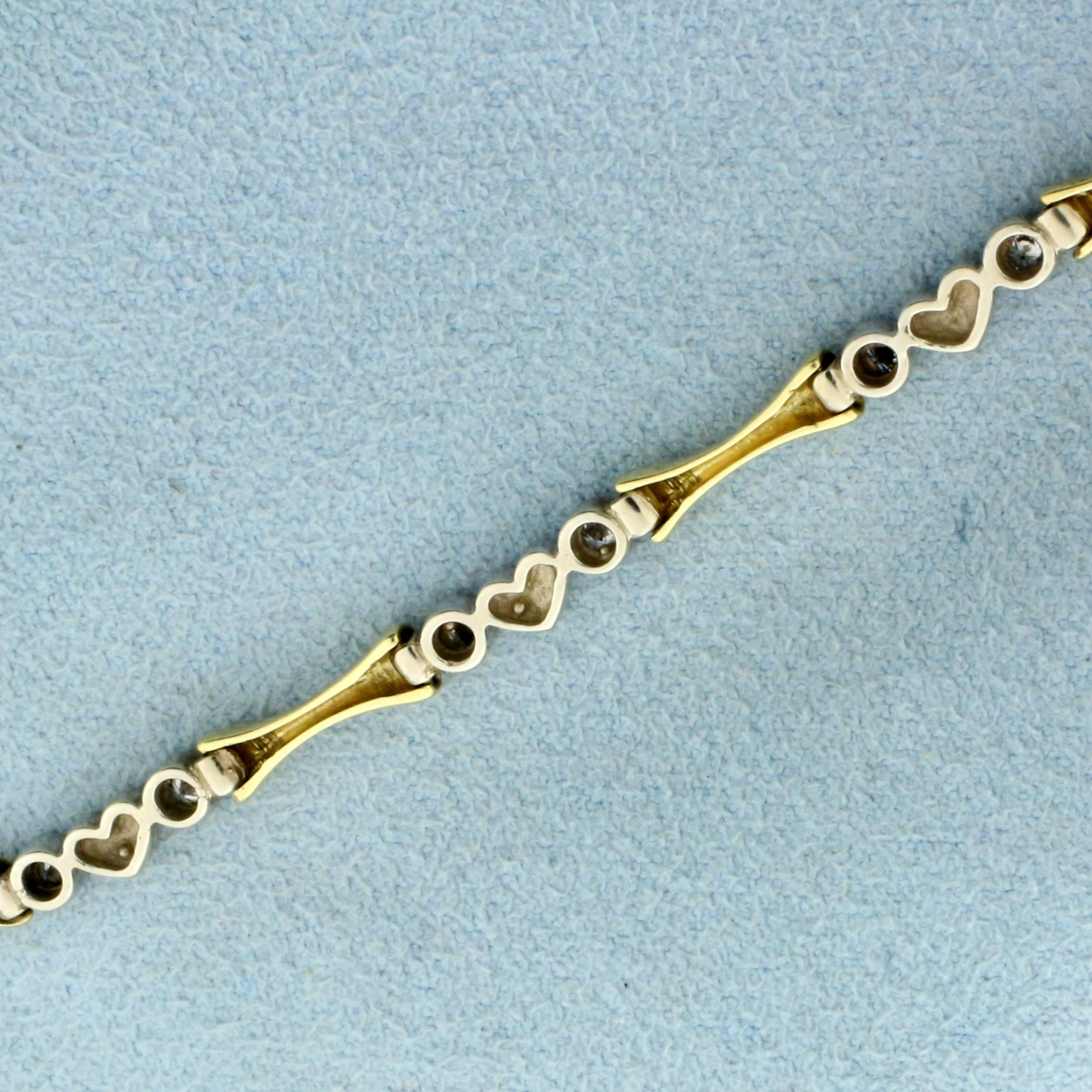 Diamond Heart And Bar Link Bracelet In 14k Yellow And White Gold