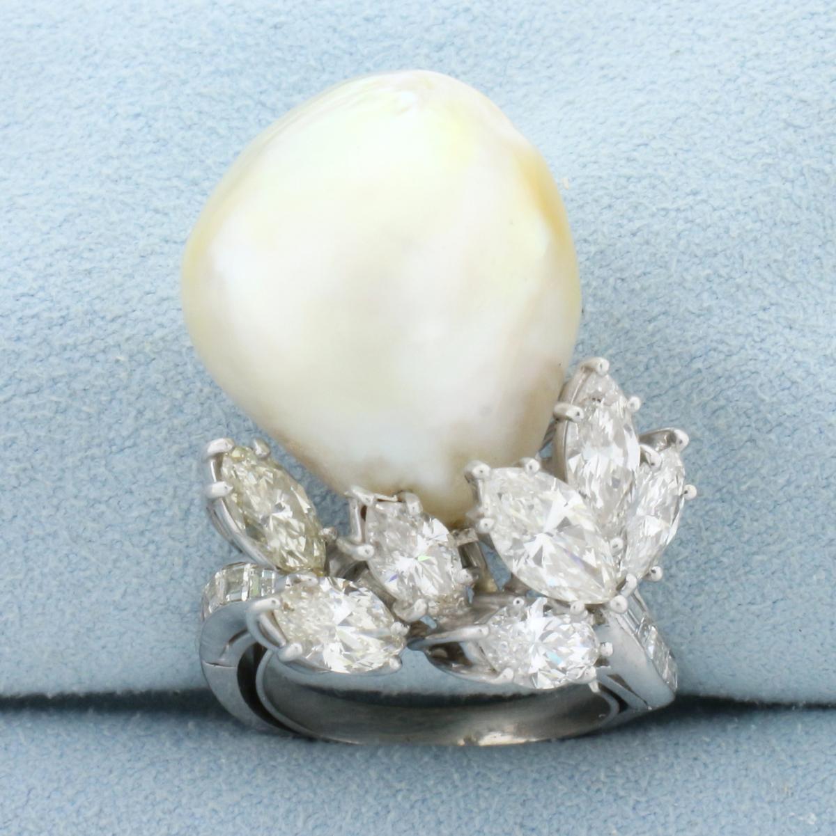 Custom Designed Baroque Pearl And Diamond Statement Ring In Platinum