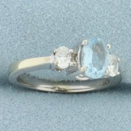 Aquamarine And Diamond Three Stone Ring In 14k White Gold