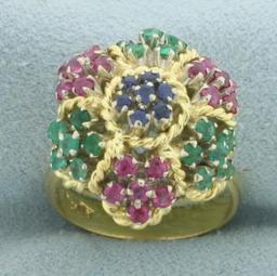 Italian Sapphire Ruby And Emerald Flower Ring In 18k Yellow Gold