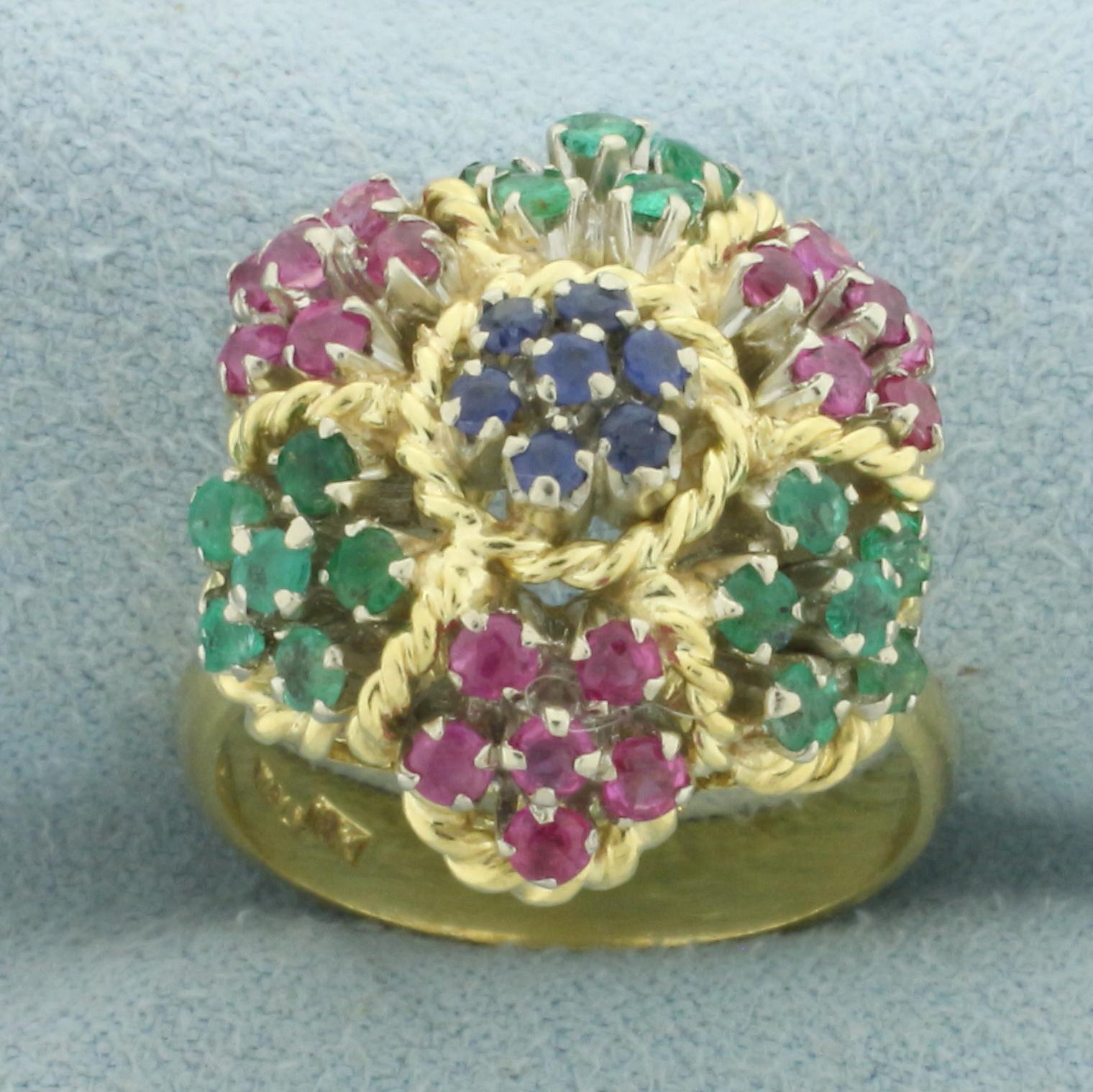 Italian Sapphire Ruby And Emerald Flower Ring In 18k Yellow Gold