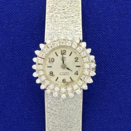 Antique Womens Diamond Swiss Made 17 Rubis Incabloc Windup Watch In Solid 18k White Gold