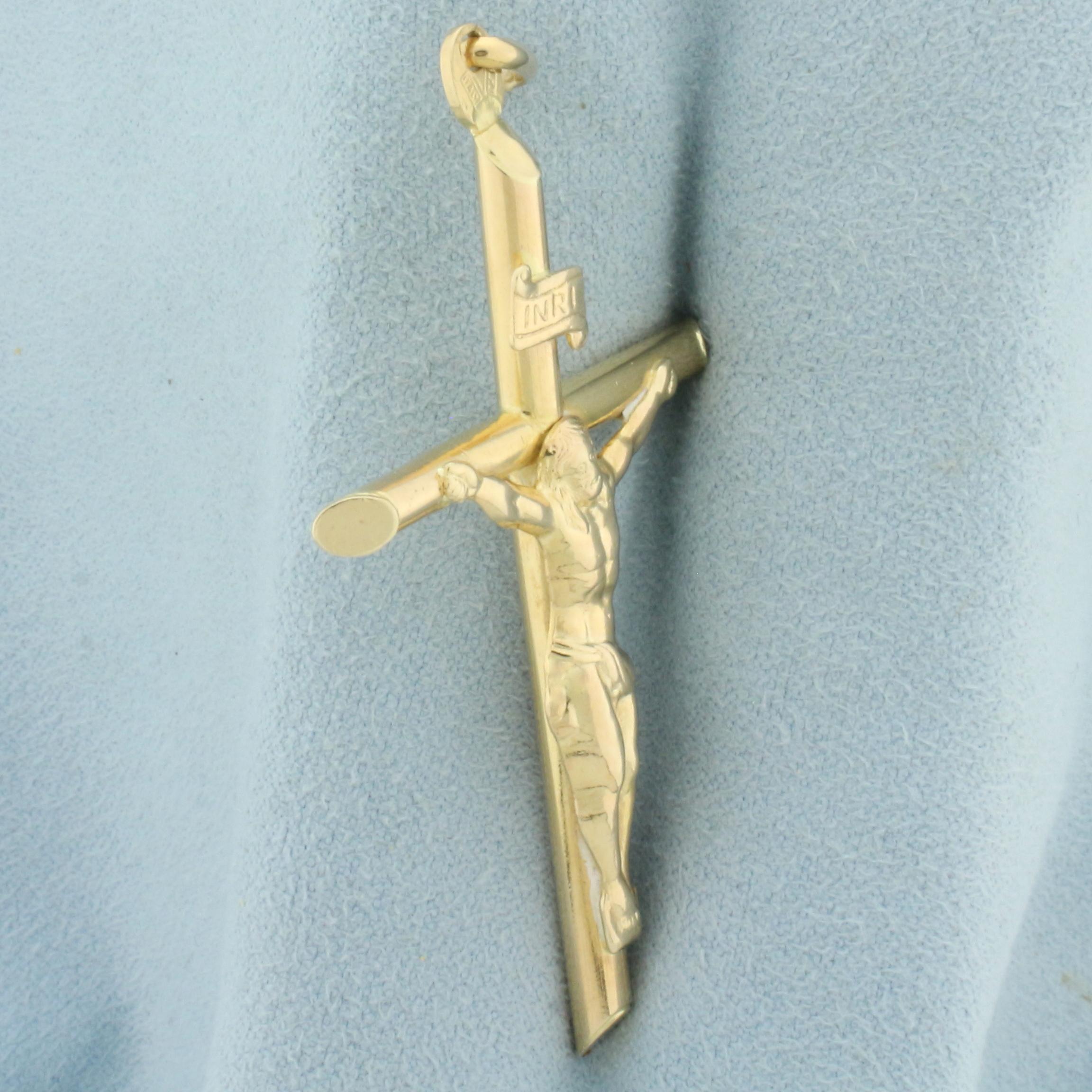 Italian Large Crucifix Pendant In 14k Yellow Gold