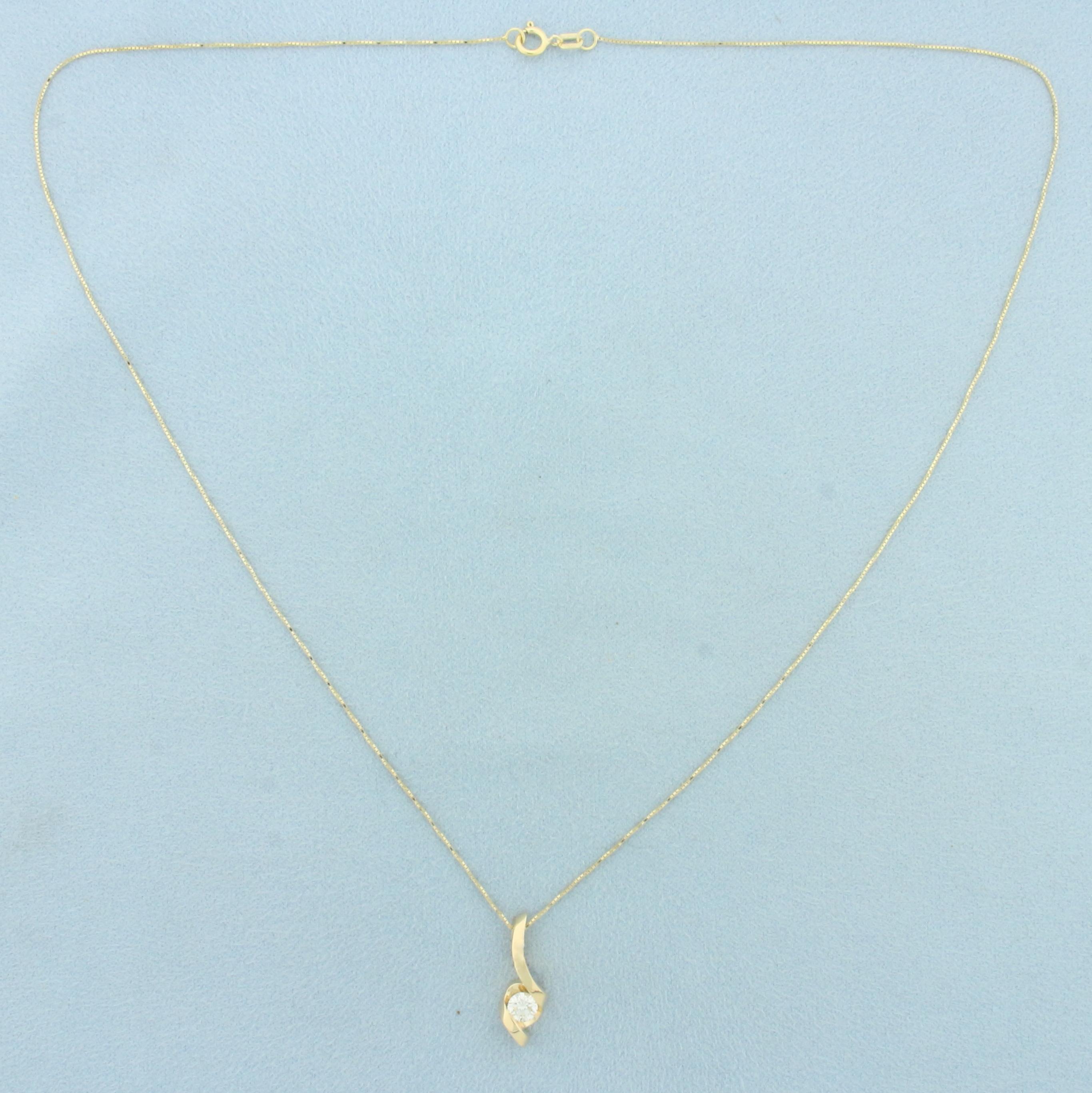 Diamond Solitaire Ribbon Design Necklace In 14k Yellow Gold