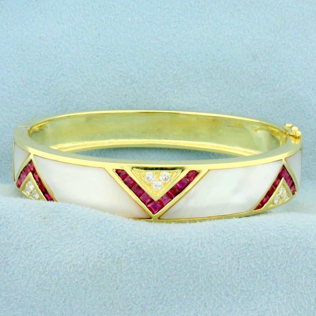 Ruby, Mother Of Pearl And Diamond Bangle Bracelet In 18k Yellow Gold