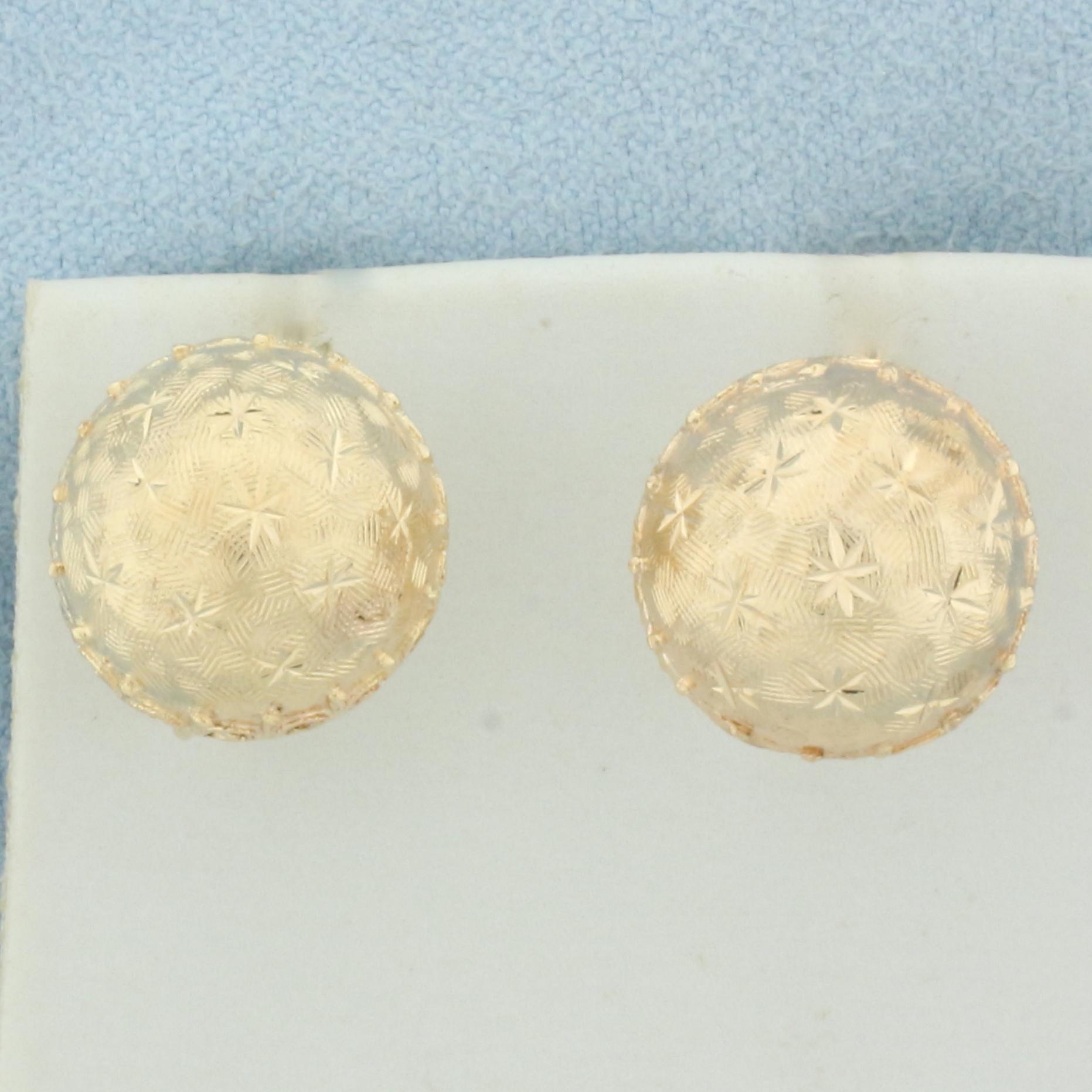 Vintage Starburst Half Dome Button Screw Back Earrings In 14k Yellow Gold