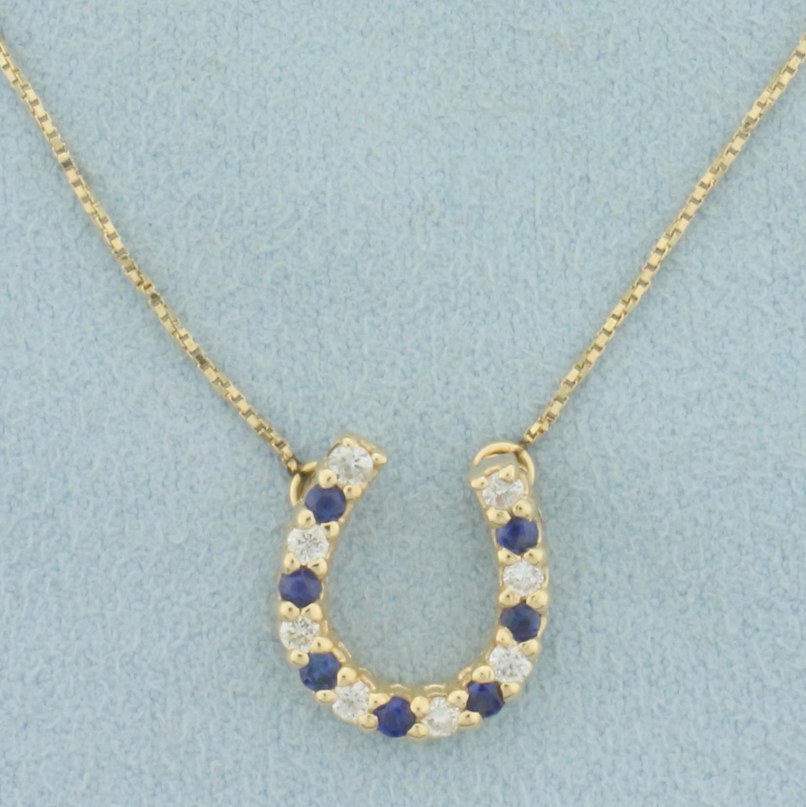 Sapphire And Diamond Lucky Horseshoe Necklace In 14k Yellow Gold