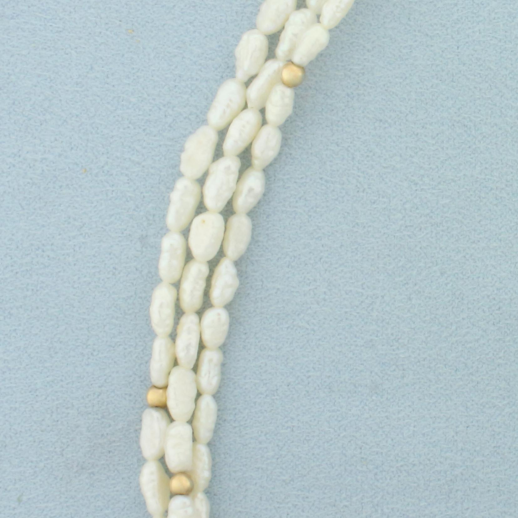 Triple Strand Baroque Pearl And Gold Bead Necklace In 14k Yellow Gold