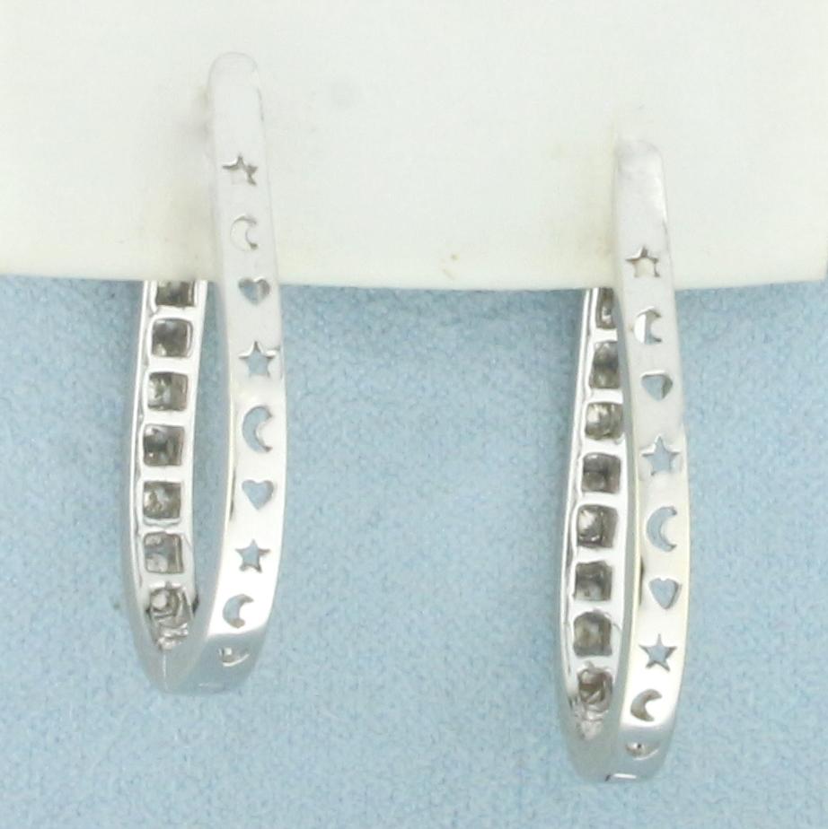 Reversible Diamond Sun Moon Stars Hoop Earrings In 14k White Gold