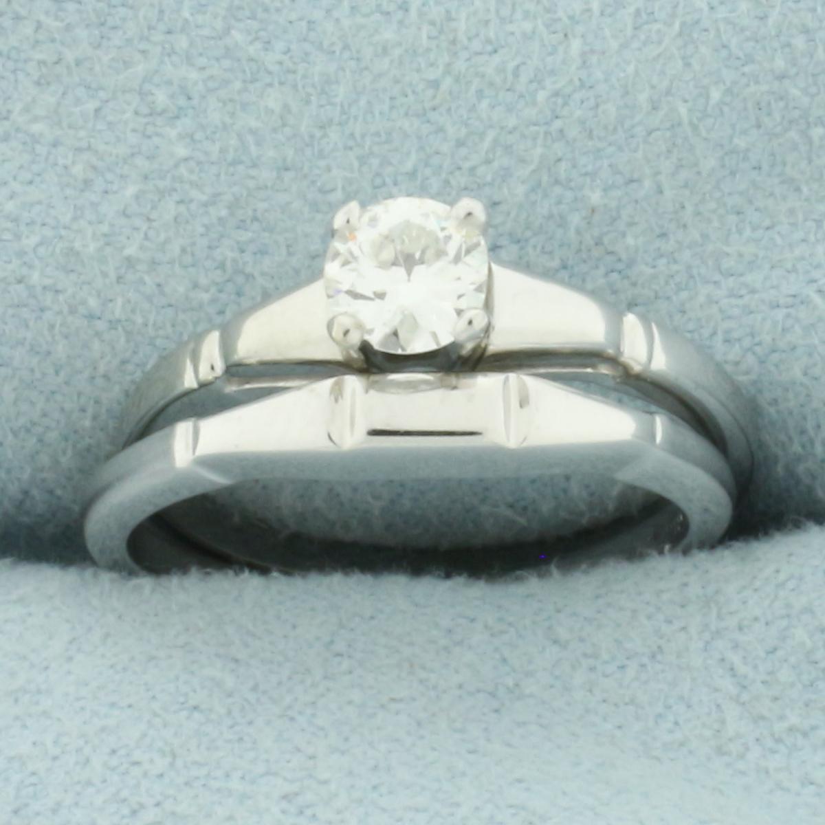 Antique Old European Diamond Engagement Ring And Wedding Band Bridal Set In 18k White Gold