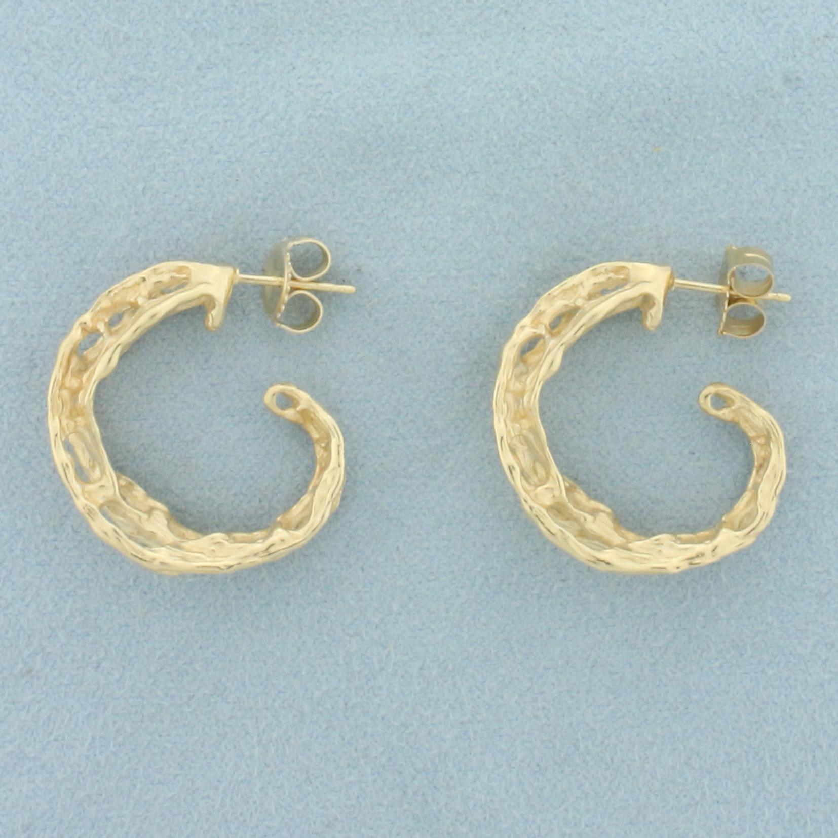 Abstract Design Hand Made Hoop Earrings In 14k Yellow Gold