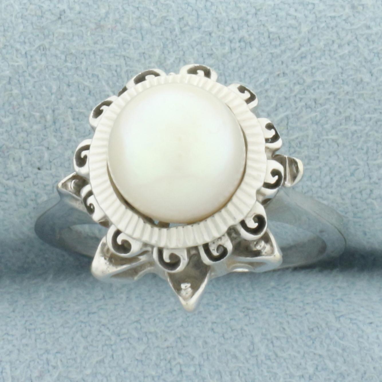 Vintage Cultured Akoya Pearl Crown Ring In 14k White Gold