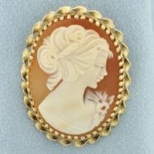 Carved Shell Right Facing Cameo Pendant Brooch Pin In 14k Yellow Gold