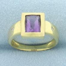 Bezel Set Amethyst And Diamond Ring In 14k Yellow Gold