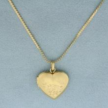 Butterfly And Rose Etched Heart Locket Necklace In 14k Yellow Gold