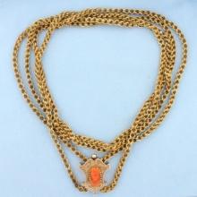 Antique Double Cable Link Necklace With Pink Coral Cameo Pendant In 12k Yellow Gold