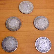 Five 1892 And 1883 Colombian Exposition Silver Half Dollar Coins