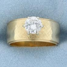 Wide Band 3/4ct Diamond Solitaire Engagement Ring In 14k Yellow Gold