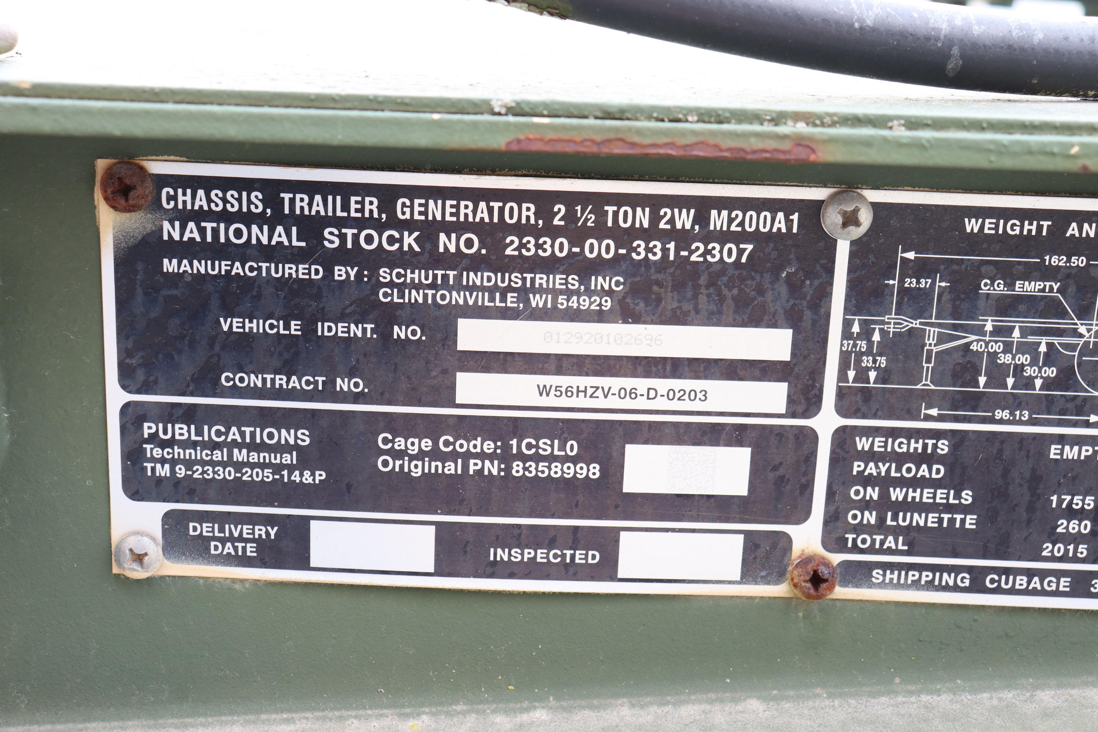 Schutt Industries Military generator  trailer, Cage Code - 1CSL0,  VIN - 01