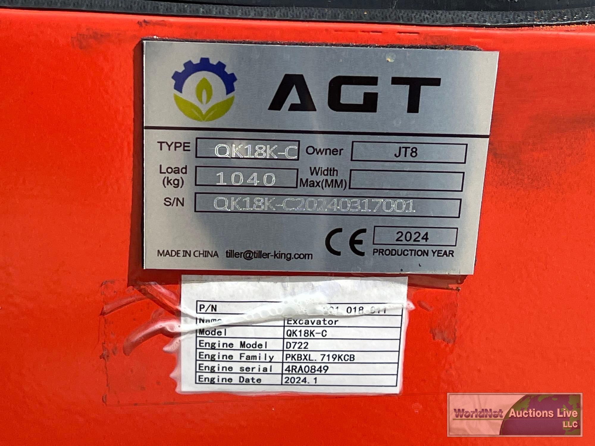 2024 AGT-INDUSTRIAL QK18K-C MINI-EXCAVATOR SN-QK18KC20240317001