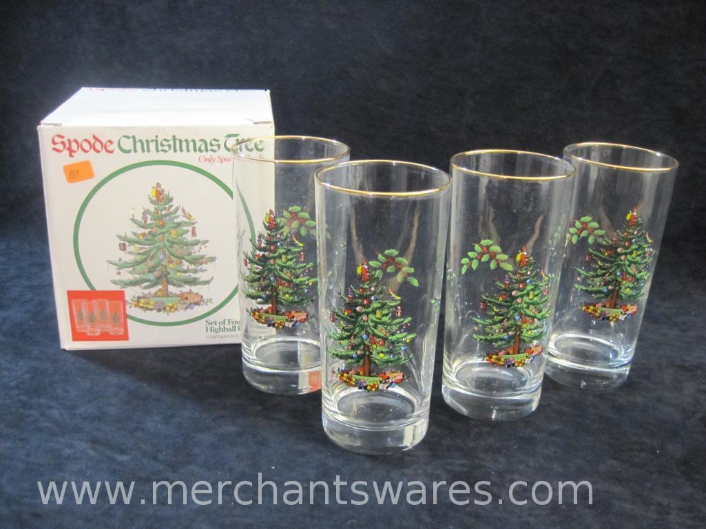 Spode Christmas Tree Set of Four Highball Glasses in Original Box, 3 lbs 2 oz