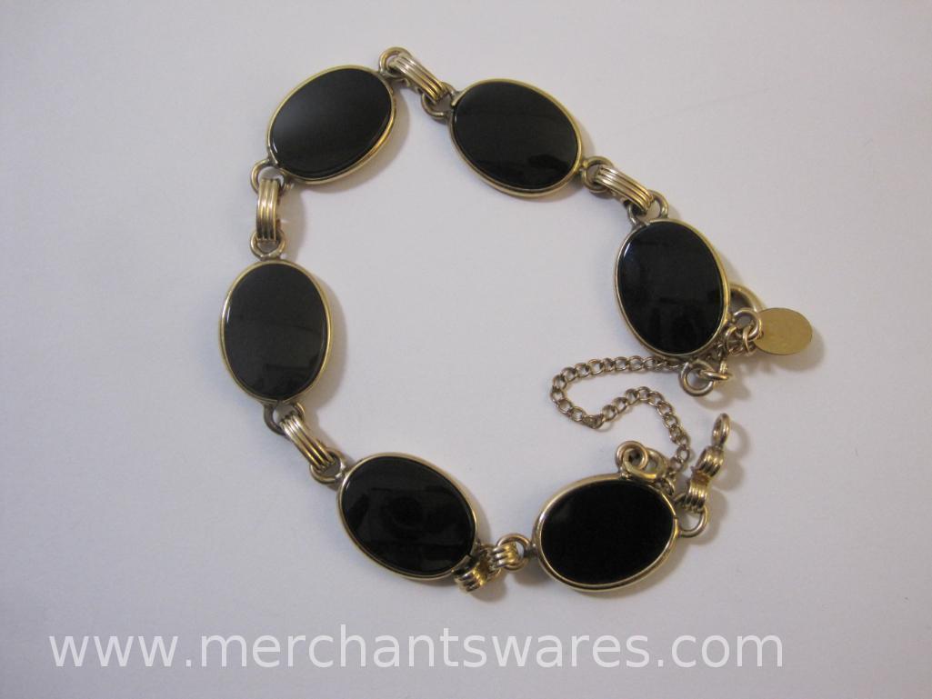 Two Gold Filled Captured Black Onyx Bracelets, Gold Filled Captured Green Stone Bracelet and Gold