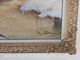 Winter Scene Painting with Ornate Gilt Frame 42Wx33H