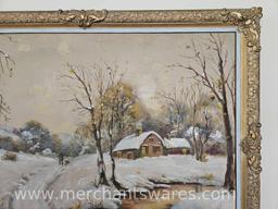 Winter Scene Painting with Ornate Gilt Frame 42Wx33H