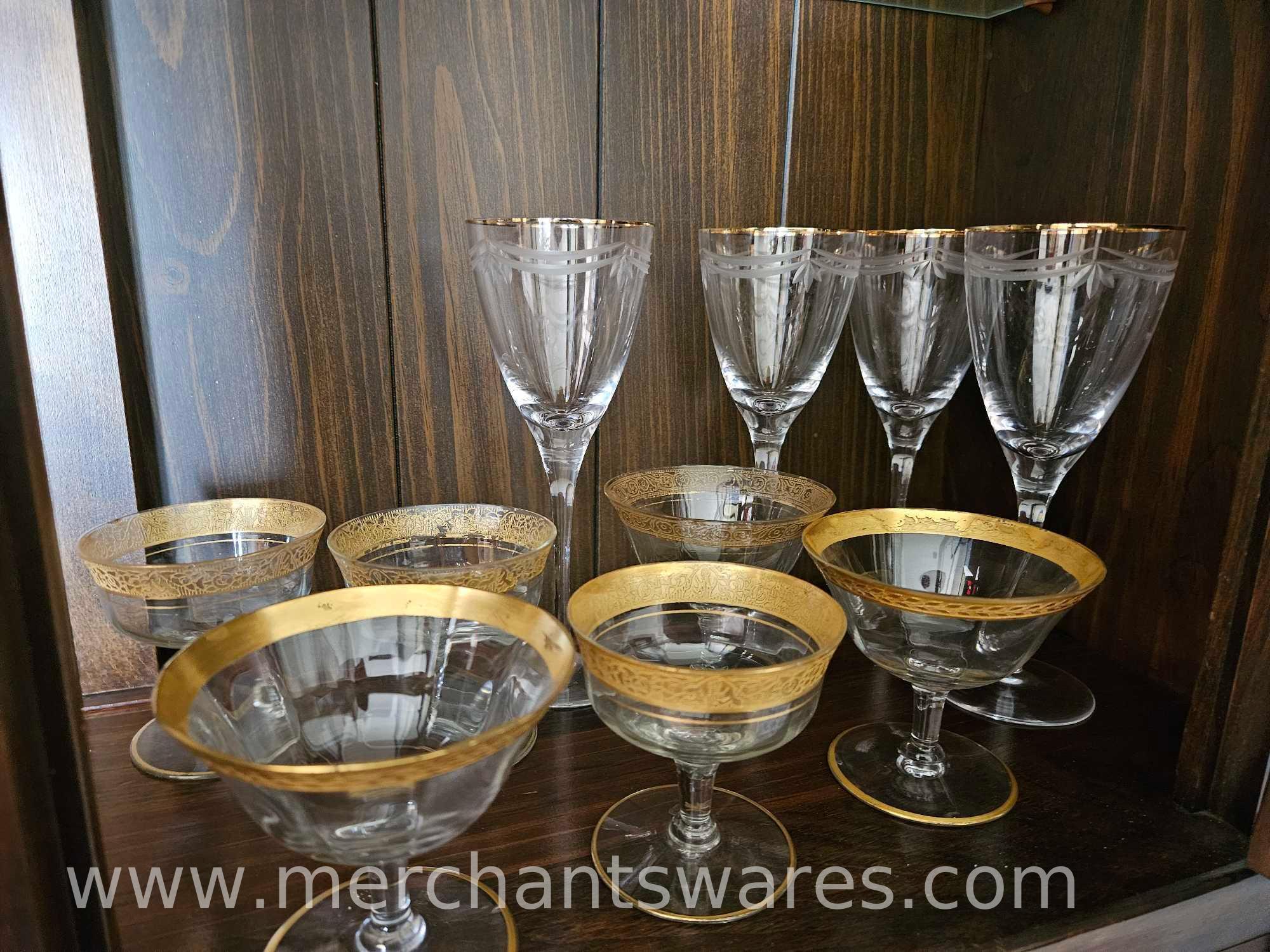 Set of 8 Wine Goblets with Red Glass Bases, 4 Ruby Red Cut Glass Cordial Glasses