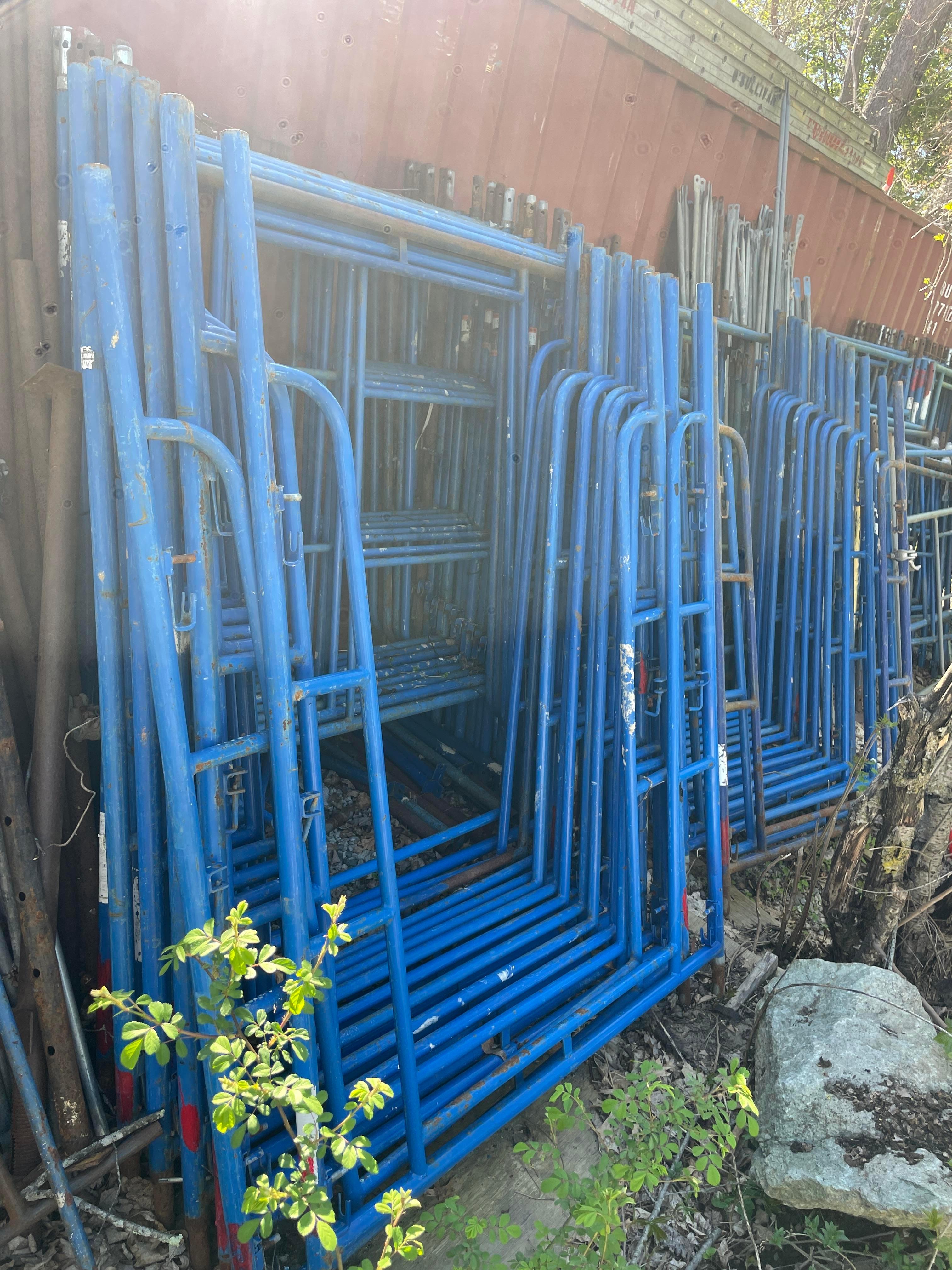 (Lot) Large Qty. Asst. Scaffolding Uprights, Frames, Brackets, High/Low Lifts w/ Walk Boards (No